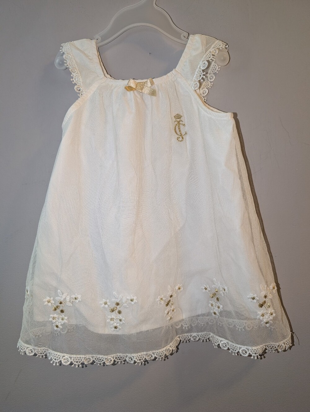 💛 Juicy Couture Toddler Girls Cream Lace Trim Dress with Gold Floral Embroidery
